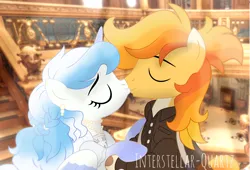 Size: 3660x2495 | Tagged: safe, artist:interstellar-quartz, derpibooru import, oc, oc:wacky pumpkin, oc:windy weather, unofficial characters only, alicorn, earth pony, pony, clothes, dress, female, image, jewelry, kissing, male, mare, necklace, pearl necklace, png, stallion, straight