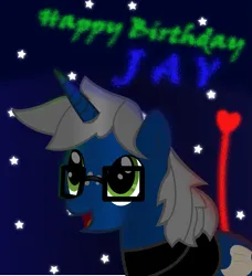 Size: 1425x1560 | Tagged: safe, artist:cardshark777, derpibooru import, oc, oc:jay, unofficial characters only, pony, unicorn, birthday, birthday gift, clothes, digital art, fireworks, glasses, green eyes, happy, heart, horn, image, jacket, looking up, male, night, night sky, open mouth, png, sky, smiling, stallion, stars
