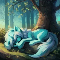 Size: 1536x1536 | Tagged: safe, ai content, derpibooru import, machine learning generated, prompter:seashell, stable diffusion, lyra heartstrings, pony, unicorn, derpibooru exclusive, ear fluff, female, forest, g4, horn, image, lying down, mare, nature, outdoors, png, sleeping, solo, tail, tree, two toned mane, two toned tail