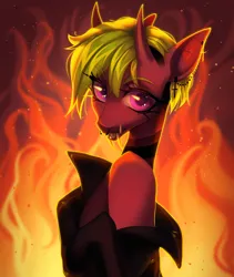 Size: 2644x3136 | Tagged: safe, derpibooru import, pony, clothes, fangs, fire, green hair, image, jacket, leather, leather jacket, piercing, pink eyes, png, red skin, simple background, teeth