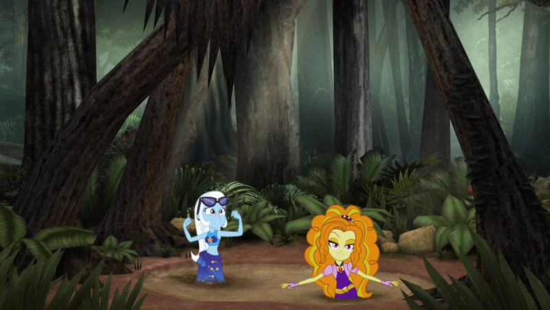Size: 1191x671 | Tagged: safe, artist:mit-boy, artist:theartsyemoprium, derpibooru import, adagio dazzle, trixie, equestria girls, clothes, dancing, flexing, forest, g4, image, jungle, midriff, nature, png, quicksand, sarong, shipping, sinking, sunglasses, swimsuit, tree