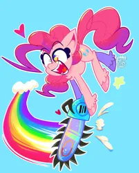 Size: 2048x2543 | Tagged: safe, artist:acid-fangs, derpibooru import, pinkie pie, earth pony, pony, blue background, chainsaw, fangs, female, g4, heart, heart tongue, high res, image, jpeg, lesbian ponies with weapons, mare, open mouth, open smile, rainbow, sharp teeth, simple background, smiling, solo, starry eyes, teeth, this will end in cupcakes, this will end in death, unshorn fetlocks, vylet pony, watermark, wingding eyes