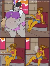 Size: 4000x5250 | Tagged: suggestive, artist:owloffortune, derpibooru import, octavia melody, oc, oc:alto tuner, anthro, earth pony, unguligrade anthro, blushing, burp, clothes, dialogue, duo, duo female, fat, fatavia, female, food, image, large belly, obese, png, skirt, stuffed belly, weight gain, weight gain sequence
