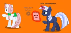 Size: 7500x3500 | Tagged: safe, artist:cranberry-tofu, derpibooru import, oc, oc:silverlay, oc:whisper call, unofficial characters only, pony, unicorn, bow, female, horn, image, kick me, magic, mare, orange background, png, simple background, tail, tail bow