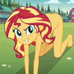 Size: 1200x1200 | Tagged: prompter needed, suggestive, ai content, derpibooru import, machine learning generated, stable diffusion, sunset shimmer, equestria girls, all fours, ass, barefoot, building, butt, cloud, complete nudity, eating, eating flower, feet, female, flower, g4, grass, humans doing horse things, image, looking at you, nudity, outdoors, png, show accurate, sky, solo, solo female, sunset wants her old digestive system back, tree