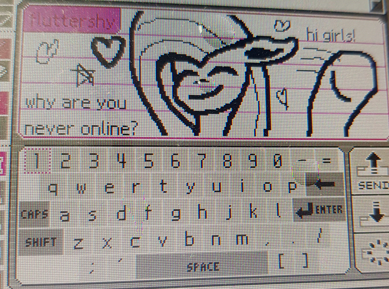 Size: 1523x1135 | Tagged: safe, artist:danatron1, derpibooru import, fluttershy, pegasus, image, looking at you, nintendo ds, nostalgia, photo, pictochat, picture of a screen, pixel art, png, sad, smiling, smiling at you, waving