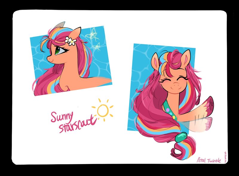 Size: 2048x1504 | Tagged: safe, artist:petaltwinkle, derpibooru import, sunny starscout, butterfly, earth pony, insect, pony, g5, eyes closed, female, flower, flower in hair, happy, image, jpeg, mare, multicolored hair, simple background, smiling