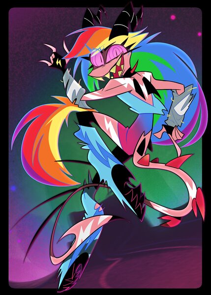 Size: 1500x2100 | Tagged: safe, alternate version, artist:entropystar, derpibooru import, rainbow dash, anthro, demon, digitigrade anthro, hybrid, imp, reptile, snake, crossover, demon horns, devil tail, fangs, female, hazbin hotel, hellaverse, hellborn, helluva boss, horns, image, jpeg, looking at you, simple background, solo, species swap, tail