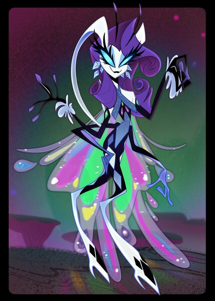 Size: 1500x2100 | Tagged: safe, alternate version, artist:entropystar, derpibooru import, rarity, anthro, butterfly, demon, digitigrade anthro, insect, undead, butterfly demon, crossover, female, g4, hazbin hotel, hellaverse, helluva boss, image, jpeg, simple background, sinner demon, solo, species swap