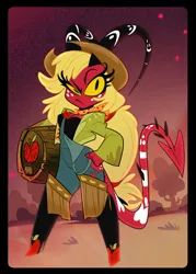 Size: 1500x2100 | Tagged: safe, artist:entropystar, derpibooru import, applejack, demon, imp, barrel, crossover, demon horns, devil tail, female, g4, hazbin hotel, hellaverse, hellborn, helluva boss, horns, image, jpeg, simple background, solo, species swap, tail