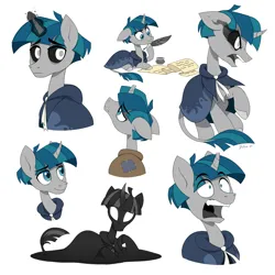 Size: 1250x1250 | Tagged: safe, artist:heilos, derpibooru import, pony of shadows, stygian, classical unicorn, pony, unicorn, angry, bags under eyes, cloak, clothes, cloven hooves, corrupted, dark magic, frown, g4, glow, glowing eyes, glowing horn, horn, image, inkwell, leonine tail, magic, male, parchment, patch, png, quill, redesign, scroll, shocked, simple background, smiling, solo, stallion, tail, unshorn fetlocks, white background