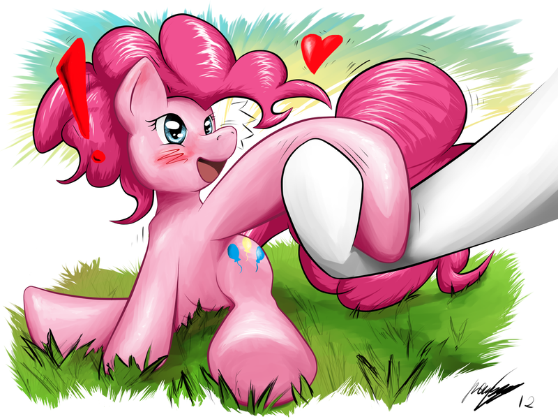 Size: 1600x1200 | Tagged: safe, artist:ruby, derpibooru import, pinkie pie, earth pony, pony, blushing, exclamation point, female, heart, holding hooves, image, mare, offscreen character, open mouth, open smile, png, sitting, smiling
