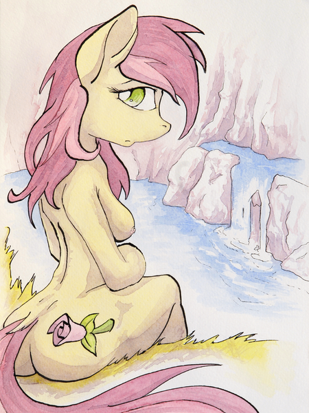 Size: 2213x2950 | Tagged: questionable, artist:ruby, derpibooru import, roseluck, anthro, earth pony, breasts, cliff, female, high res, image, looking back, nipples, nudity, png, sad, sitting, solo, solo female, traditional art, water, watercolor painting, waterfall