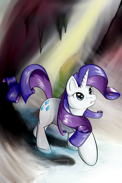 Size: 1600x2400 | Tagged: safe, artist:ruby, derpibooru import, rarity, pony, unicorn, cave, cavern, female, horn, image, looking up, mare, png, solo, walking, water