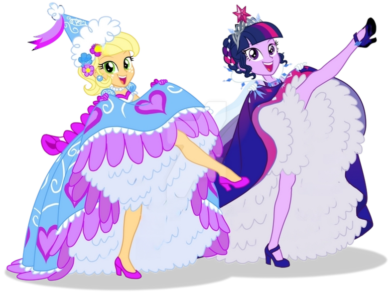 Size: 800x610 | Tagged: safe, artist:sapphiregamgee, derpibooru import, applejack, twilight sparkle, equestria girls, can-can, clothes, dancing, deviantart watermark, dress, froufrou glittery lacy outfit, g4, gloves, gown, hat, hennin, high heels, image, jewelry, long gloves, obtrusive watermark, petticoat, png, princess costume, shoes, simple background, tiara, transparent background, watermark