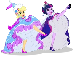 Size: 800x610 | Tagged: safe, artist:sapphiregamgee, derpibooru import, applejack, twilight sparkle, equestria girls, can-can, clothes, dancing, deviantart watermark, dress, froufrou glittery lacy outfit, g4, gloves, gown, hat, hennin, high heels, image, jewelry, long gloves, obtrusive watermark, petticoat, png, princess costume, shoes, simple background, tiara, transparent background, watermark