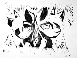 Size: 1200x900 | Tagged: safe, artist:ruby, derpibooru import, oc, oc:asha, unofficial characters only, pony, unicorn, black and white, bust, female, grayscale, horn, image, linocut, male, mare, monochrome, png, portrait, rule 63, self paradox, simple background, solo, stallion, traditional art