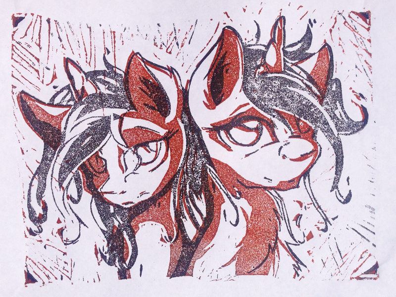 Size: 2087x1565 | Tagged: safe, artist:ruby, derpibooru import, oc, oc:asha, unofficial characters only, pony, unicorn, bust, female, horn, image, jpeg, linocut, male, mare, portrait, rule 63, self paradox, simple background, solo, stallion, traditional art