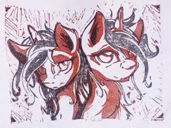 Size: 2087x1565 | Tagged: safe, artist:ruby, derpibooru import, oc, oc:asha, unofficial characters only, pony, unicorn, bust, female, horn, image, jpeg, linocut, male, mare, portrait, rule 63, self paradox, simple background, solo, stallion, traditional art
