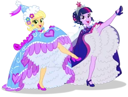 Size: 800x610 | Tagged: safe, derpibooru import, applejack, twilight sparkle, equestria girls, can-can, clothes, dancing, deviantart watermark, dress, froufrou glittery lacy outfit, g4, gloves, gown, hat, hennin, high heels, image, jewelry, long gloves, obtrusive watermark, petticoat, png, princess costume, shoes, simple background, tiara, transparent background, watermark