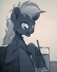Size: 1707x2133 | Tagged: safe, artist:ruby, derpibooru import, oc, unofficial characters only, pony, blanket, bust, glass of water, image, insomnia, monochrome, open mouth, png, smiling, solo