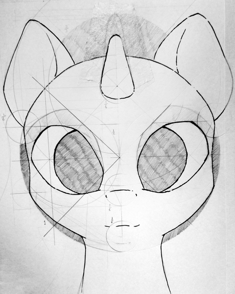 Size: 2190x2739 | Tagged: safe, artist:ruby, derpibooru import, pony, unicorn, anatomy, bust, circle, front view, geometry, high res, horn, image, jpeg, monochrome, portrait, solo, traditional art, vitruvian pony