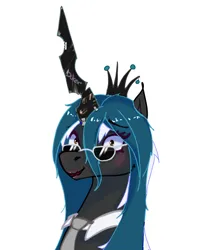Size: 1650x2030 | Tagged: safe, artist:jarco_082, derpibooru import, queen chrysalis, oc, oc:blacksun, unofficial characters only, unicorn, black skin, brown eyes, bust, clothes, cosplay, costume, crown, eyelashes, face, funny, grin, horn, image, jewelry, jpeg, makeup, meme, nervous, nervous grin, regalia, simple background, smiling, solo, sunglasses, white background, white mane, wig