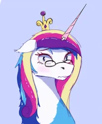 Size: 1883x2290 | Tagged: safe, artist:jarco_082, derpibooru import, princess cadance, oc, oc:scout centurion, earth pony, blue eyes, blue mane, blushing, bust, clothes, cosplay, costume, crown, face, floppy ears, glasses, horn, image, jewelry, light skin, makeup, male, png, regalia, simple background, wig
