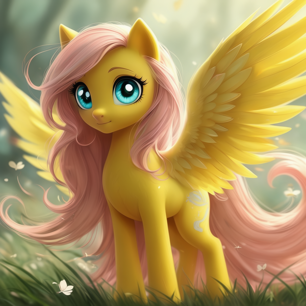Size: 1536x1536 | Tagged: safe, ai content, derpibooru import, generator:stable cascade, machine learning generated, prompter:pawels, fluttershy, pegasus, pony, female, g4, grass, image, looking at you, mare, png, solo, spread wings, standing, wings, wrong cutie mark