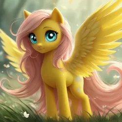 Size: 1536x1536 | Tagged: safe, ai content, derpibooru import, generator:stable cascade, machine learning generated, prompter:pawels, fluttershy, pegasus, pony, female, g4, grass, image, looking at you, mare, png, solo, spread wings, standing, wings, wrong cutie mark