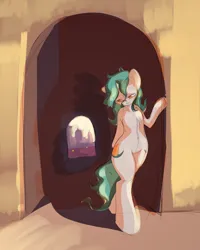 Size: 3000x3750 | Tagged: safe, artist:ruby, derpibooru import, oc, oc:asha, unofficial characters only, pony, unicorn, bipedal, doorway, female, high res, horn, image, looking down, mare, png, shadow, solo, tunnel
