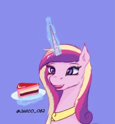 Size: 1347x1444 | Tagged: safe, artist:jarco_082, derpibooru import, princess cadance, alicorn, blue background, bust, cake, face, female, food, glow, glowing horn, happy, horn, image, png, simple background, solo, watermark