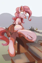 Size: 2800x4198 | Tagged: suggestive, artist:ruby, derpibooru import, pinkie pie, earth pony, pony, semi-anthro, clothes, female, fence, flag, frog (hoof), high res, hoof focus, hooves, human shoulders, image, kilt, looking back, mare, png, scotland, skirt, skirt lift, smiling, solo, underhoof