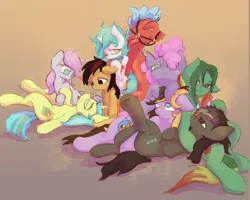 Size: 3000x2400 | Tagged: safe, artist:ruby, derpibooru import, oc, oc:asha, oc:corduroy road, oc:daydream, oc:free speech, oc:fuzz, unofficial characters only, dragon, earth pony, pony, unicorn, female, high res, horn, image, male, mare, png, pony pile, smiling, stallion