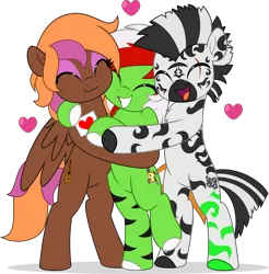 Size: 4912x5000 | Tagged: safe, artist:jhayarr23, derpibooru import, oc, oc:lovesong, oc:nyota, oc:wandering sunrise, earth pony, pegasus, zebra, fallout equestria, fallout equestria: dead tree, bisexual, commission, commissioner:solar aura, cute, earth pony oc, eye scar, facial scar, female, group hug, hug, image, lesbian, pegasus oc, pegasus wings, png, scar, stripes, wings, your character here, zebra oc