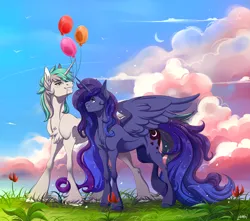 Size: 3793x3353 | Tagged: oc name needed, safe, artist:1an1, derpibooru import, princess luna, oc, alicorn, bird, pony, unicorn, balloon, blush lines, blushing, canon x oc, chest fluff, cloud, concave belly, duo, duo male and female, ear fluff, elbow fluff, ethereal hair, ethereal mane, ethereal tail, female, flower, grass, grin, horn, image, looking at each other, looking at someone, male, mare, missing accessory, mouth hold, png, sky, smiling, spread wings, stallion, standing, straight, tail, unicorn oc, unshorn fetlocks, wings