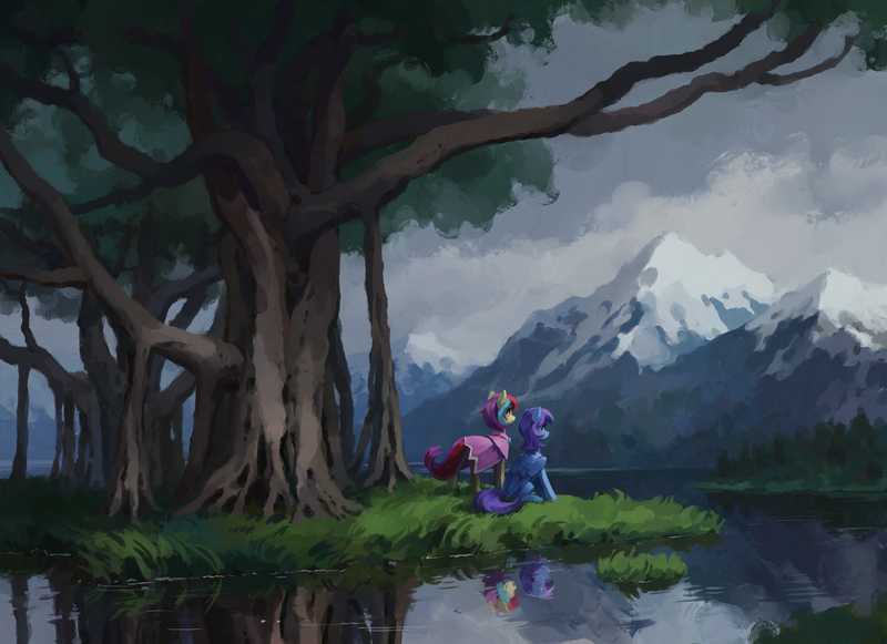 Size: 3442x2500 | Tagged: safe, artist:koviry, derpibooru import, oc, oc:cuihua, oc:nova twinkle, unofficial characters only, earth pony, pegasus, pony, blue coat, cape, cloak, clothes, cloud, cloudy, detailed background, digital painting, duo, duo female, earth pony oc, female, folded wings, forest, grass, green eyes, high res, image, looking away, mare, mountain, multicolored mane, multicolored tail, nature, outdoors, pegasus oc, pink eyes, png, purple mane, purple tail, reflection, river, scenery, scenery porn, sitting, standing, tail, tree, under the tree, water, wings, yellow coat