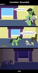Size: 1920x3688 | Tagged: safe, artist:platinumdrop, derpibooru import, derpy hooves, oc, oc:anon, oc:anon stallion, pegasus, pony, comic:caretaker: grounded, series:caretaker, 3 panel comic, abuse, alone, angry, avoiding eye contact, bedroom, blanket, bound wings, butt, caretaker, chair, come here, comic, commission, crying, cuddling, curtains, derpybuse, dialogue, disciplinary action, discipline, domestic abuse, drool, drool on face, duo, duo male and female, female, flank, floppy ears, folded wings, g4, image, indoors, looking at each other, looking at someone, looking away, looking down, lying down, male, mare, mouth hold, onomatopoeia, open mouth, over the knee, pain, plot, png, prone, punishment, raised hoof, reddened butt, room, rope, sad, sad pony, scolding, series, sitting, sound effects, spank marks, spanking, speech bubble, stallion, stern, stubble, talking, tears of pain, tears of sadness, teary eyes, window, wings