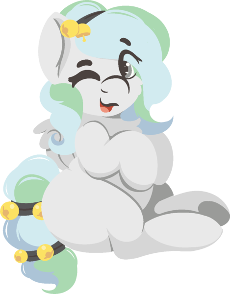 Size: 1128x1442 | Tagged: safe, artist:rhythmpixel, derpibooru import, oc, oc:river chime, unofficial characters only, pegasus, pony, bells, chubby, female, happy, image, mare, one eye closed, png, simple background, sitting, solo, transparent background, wink