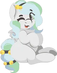 Size: 1128x1442 | Tagged: safe, artist:rhythmpixel, derpibooru import, oc, oc:river chime, unofficial characters only, pegasus, pony, bells, chubby, female, happy, image, mare, one eye closed, png, simple background, sitting, solo, transparent background, wink
