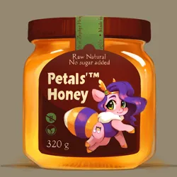 Size: 2400x2400 | Tagged: safe, artist:jewellier, derpibooru import, pipp petals, bee pony, original species, g5, bumblebipp, design, english, food, honey, image, jar, png, text