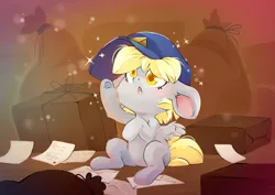 Size: 7016x4961 | Tagged: safe, artist:cutepencilcase, derpibooru import, derpy hooves, pegasus, pony, female, filly, filly derpy, foal, g4, hat, image, letter, mailmare hat, png, solo, younger