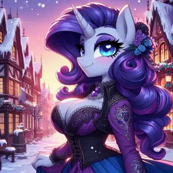 Size: 1024x1024 | Tagged: suggestive, ai content, derpibooru import, machine learning generated, prompter:glimmy-glam, rarity, anthro, big breasts, blushing, breasts, busty rarity, cleavage, clothes, corset, dress, evening, female, generator:dall-e 3, house, image, jpeg, lace, lamp, lamppost, smiling, snow, solo, solo female, town, victorian, victorian dress, village, winter
