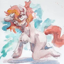 Size: 2974x2974 | Tagged: safe, artist:ruby, derpibooru import, oc, unofficial characters only, pony, unicorn, blushing, high res, horn, image, jpeg, kneeling, raised hoof, solo, traditional art, watercolor painting