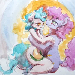 Size: 3739x3739 | Tagged: safe, artist:ruby, derpibooru import, oc, oc:asha, oc:fuzz, unofficial characters only, earth pony, pony, unicorn, blushing, cuddling, high res, horn, image, jpeg, sitting, traditional art, watercolor painting