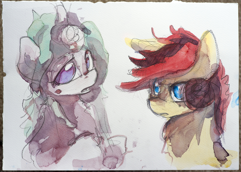 Size: 5167x3691 | Tagged: safe, artist:ruby, derpibooru import, oc, oc:rivana, oc:southern belle, unofficial characters only, earth pony, pony, unicorn, bust, high res, horn, image, jpeg, portrait, traditional art, watercolor painting