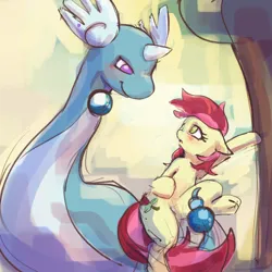Size: 3000x3000 | Tagged: suggestive, artist:ruby, derpibooru import, roseluck, dragonair, earth pony, pony, blushing, female, high res, image, leaning, mare, png, pokémon, smiling, smirk, tree