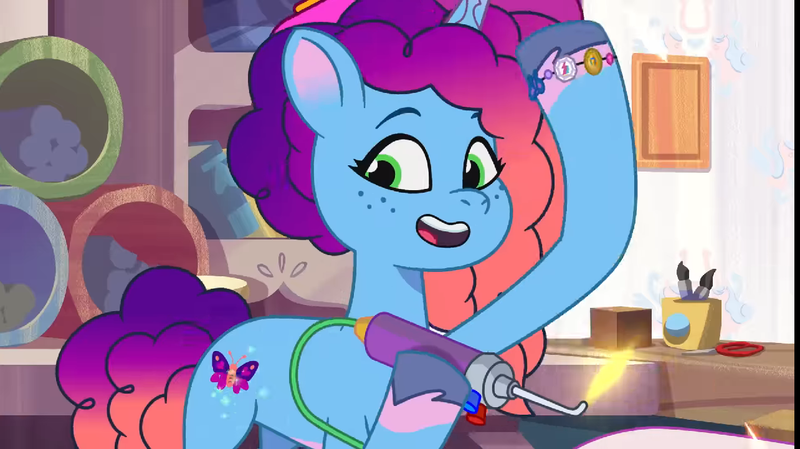 Size: 1284x720 | Tagged: safe, derpibooru import, screencap, pony, unicorn, g5, my little pony: tell your tale, spoiler:g5, spoiler:my little pony: tell your tale, spoiler:tyts01e58, bracelet, crystal brighthouse, cute, friendship bracelet, horn, image, jewelry, misty brightdawn, mistybetes, png, rebirth misty, sparkle school, welding