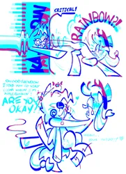 Size: 652x901 | Tagged: safe, artist:yl0w, derpibooru import, applejack, rainbow dash, earth pony, pegasus, pony, 2 panel comic, appledash, applejack's hat, blue text, comic, concerned, cowboy hat, critical hit, crying, dialogue, dizzy, drool, duo, duo female, eye clipping through hair, eyebrows, eyebrows visible through hair, eyelashes, female, freckles, frown, g4, grimace, hat, heart, holding, holding a pony, image, kick, kicking, lesbian, limited palette, mare, png, ponytail, purple text, shipping, simple background, simple backgrund, sweat, sweatdrop, tail, talking, teardrop, text, tied tail, tongue out, unshorn fetlocks, violence, wavy mouth, white background, wide eyes, wingding eyes
