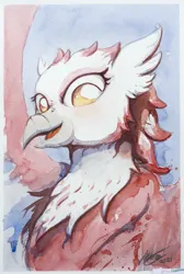 Size: 1684x2500 | Tagged: safe, artist:ruby, derpibooru import, oc, oc:bobbie, unofficial characters only, gryphon, bust, griffish isles, high res, image, open mouth, png, smiling, solo, spread wings, traditional art, watercolor painting, wings